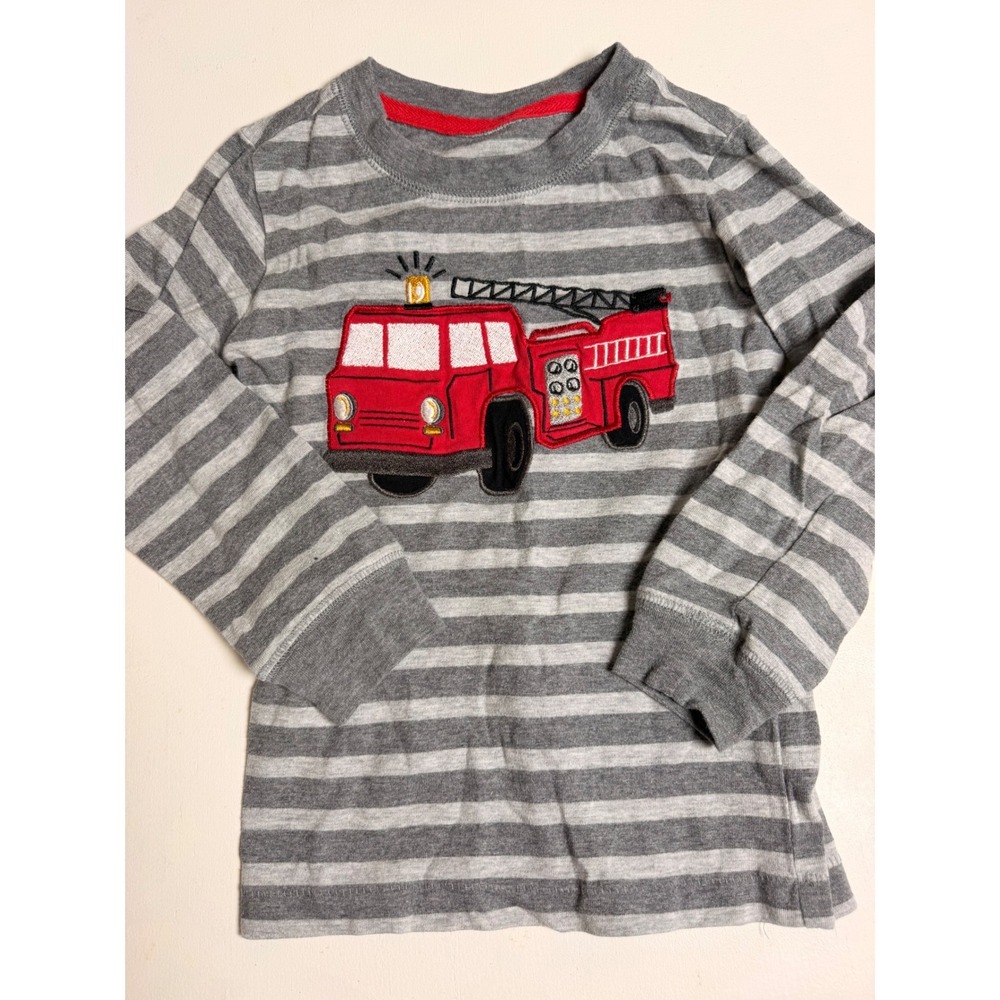 Wonderkids Long Sleeve Shirt Kids 4T Grey Excellent Fire Truck Striped Tee